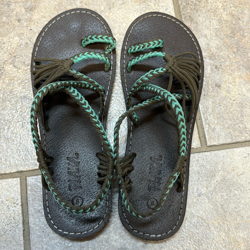 Plaka Palm Leaf Turquoise and Brown sandal size 8 - Picture 2 of 5